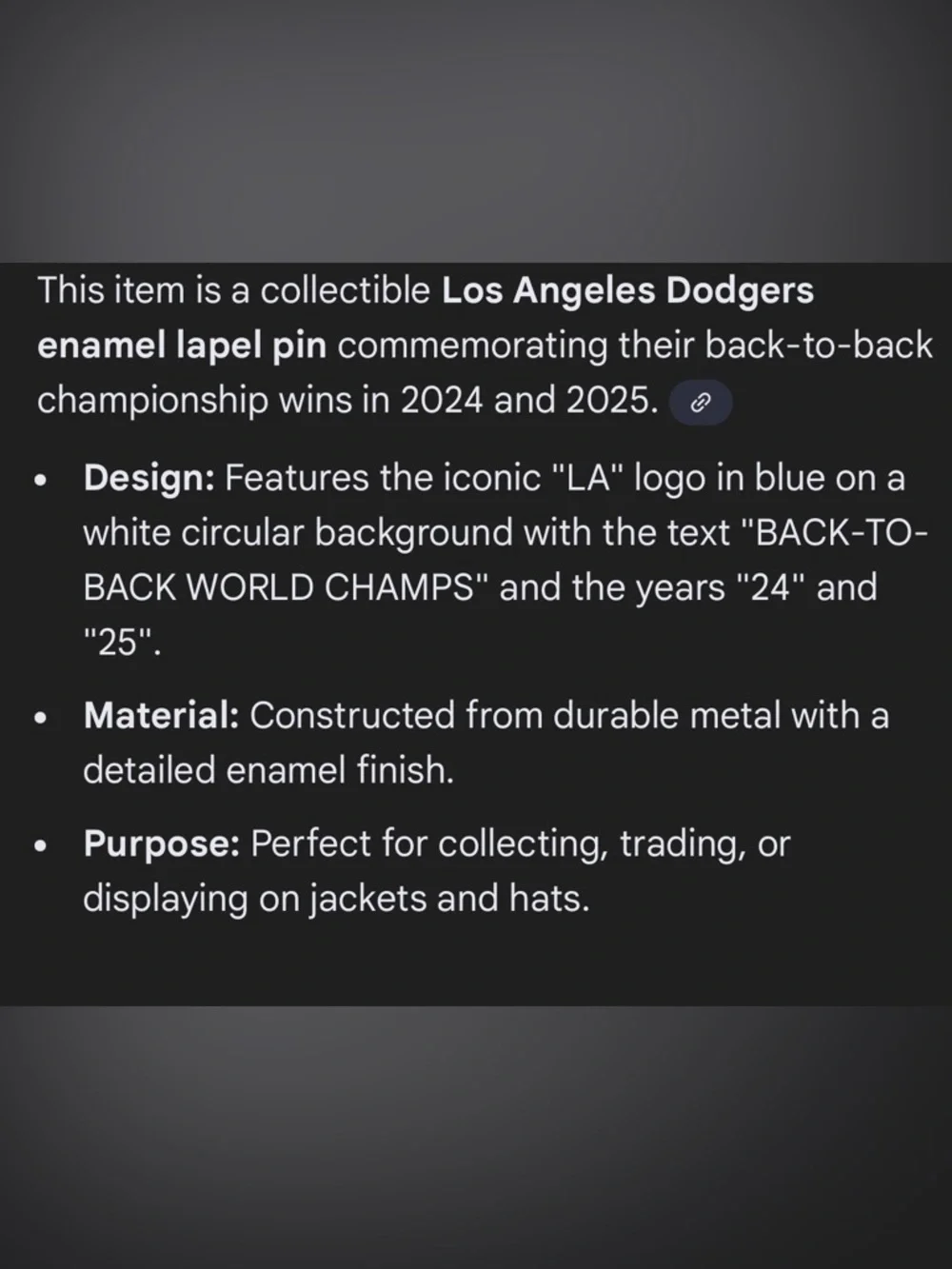 Los Angeles Dodgers Metal Enamel Lapel Back To Back Championship Pin 2024-25 NEW